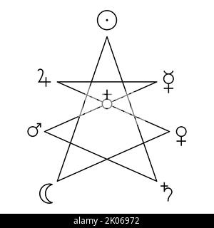 Symbols of Mystic Lamb, planets and globus cruciger. Unicursal seven pointed star reflecting the divine sacrifice of Christ to humanity. Stock Photo