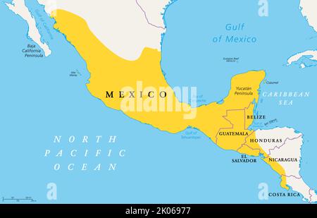 Location of Mesoamerica, political map. Historical region and cultural area in southern North America and most of Central America.