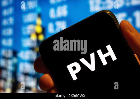 Hong Kong, China. 25th July, 2022. In this photo illustration, the American clothing brand PVH logo is displayed on a smartphone screen. (Photo by Budrul Chukrut/SOPA Images/Sipa USA) Credit: Sipa USA/Alamy Live News Stock Photo