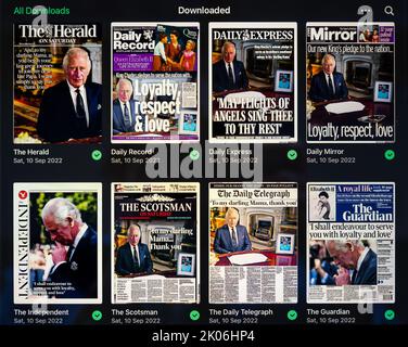 United Kingdom, September 10th 2022. The new King Charles III is reported across the front pages of UK newspapers with a photograph of the King on every front cover seen on an iPad screen. Credit: Sally Anderson/Alamy Live News Stock Photo