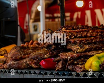 close-up shot roasted pork ribs with barbeque sauce Stock Photo