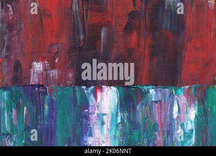 Dark red, green, purple, white background painting. Abstract minimalist landscape. Hand drawn oil textured. Brush strokes of paint on paper. Contempor Stock Photo