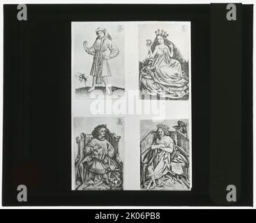 Reproduction of prints showing four figures, between 1915 and 1925. Photograph of four unidentified woodcuts, possibly 15th century. Stock Photo