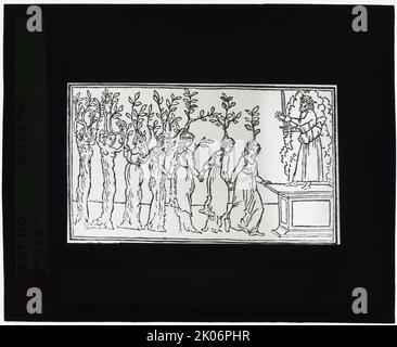 Reproduction of print showing Nymphs before Jupiter, between 1915 and 1925. Photograph of a woodblock from Francesco Colonna, &quot;Hypnerotomachia Poliphili&quot;, Venice, 1499. (Seven nymphs being transformed into trees). Stock Photo