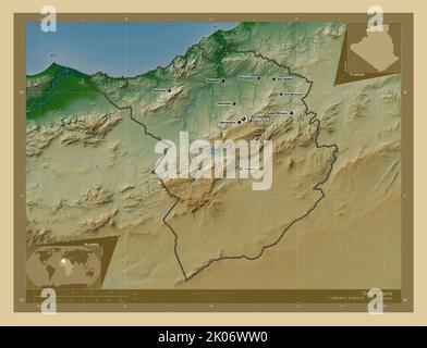 Tlemcen, province of Algeria. Colored elevation map with lakes and rivers. Locations and names of major cities of the region. Corner auxiliary locatio Stock Photo