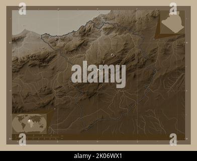 Tlemcen, province of Algeria. Elevation map colored in sepia tones with lakes and rivers. Corner auxiliary location maps Stock Photo