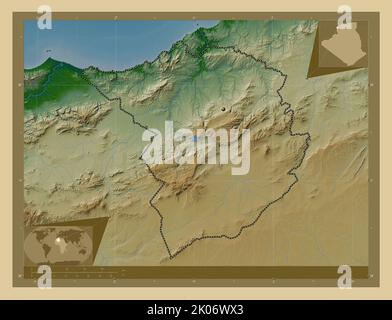 Tlemcen, province of Algeria. Colored elevation map with lakes and rivers. Corner auxiliary location maps Stock Photo