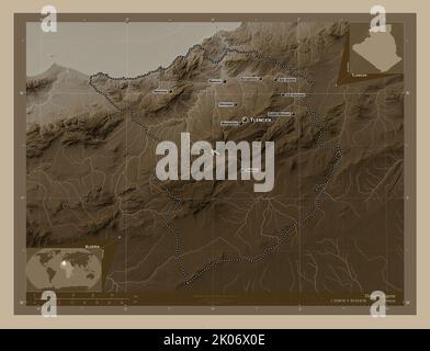 Tlemcen, province of Algeria. Elevation map colored in sepia tones with lakes and rivers. Locations and names of major cities of the region. Corner au Stock Photo