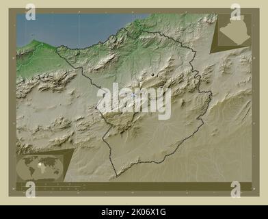 Tlemcen, province of Algeria. Elevation map colored in wiki style with lakes and rivers. Corner auxiliary location maps Stock Photo