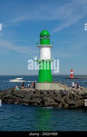 lighthouses at the mouth of River Warnow, Baltic Sea, boat, Hanse Sail, Warnemünde, Rostock, Mecklenburg-West Pomerania, Germany Stock Photo