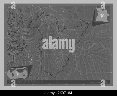 Bie, province of Angola. Grayscale elevation map with lakes and rivers. Locations and names of major cities of the region. Corner auxiliary location m Stock Photo