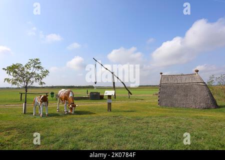 Drawing well and reed hut with cows sculpture, Sankt Andrae am Zicksee, Lake Neusiedl National Park, Seewinkel, Northern Burgenland, Burgenland Stock Photo