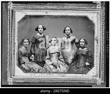 Clark sisters, five women, three-quarter length portraits, all facing front, between 1840 and 1860. Grandmother and aunts of photographer Frances Benjamin Johnston. Stock Photo