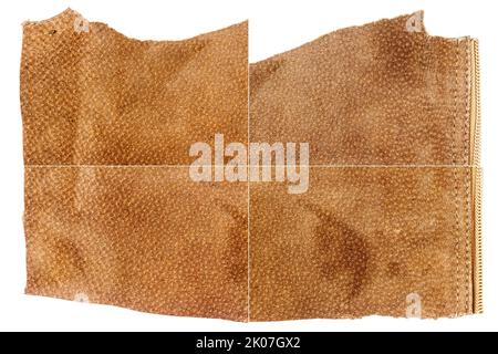 Collection of brown leather textures isolated on white background. Rough uneven edges. Rectangular composite image of leather textures Stock Photo