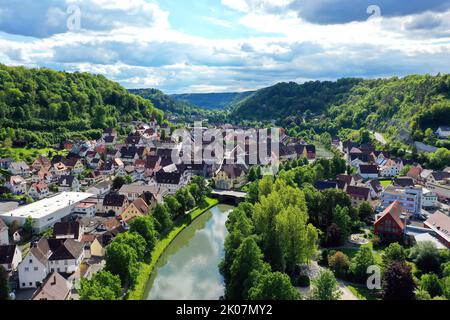 Aerial view of Sulz am Neckar under cloudy skies. Sulz am Neckar, Rottweil, Freiburg, Baden-Wuerttemberg, Germany Stock Photo
