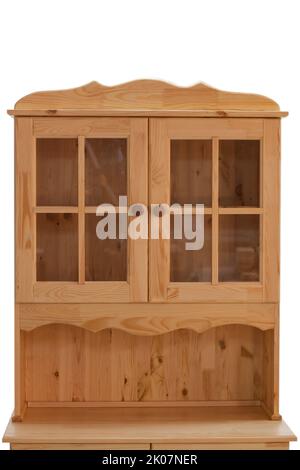 Close-up of a kitchen cabinet with glass doors. Classic furniture made of natural wood. Stock Photo