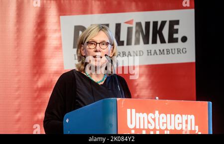 Hamburg, Germany. 10th Sep, 2022. Sabine Ritter (Die Linke) gives her candidacy speech for the post of state spokesperson at the state party conference. Credit: Markus Scholz/dpa/Alamy Live News Stock Photo