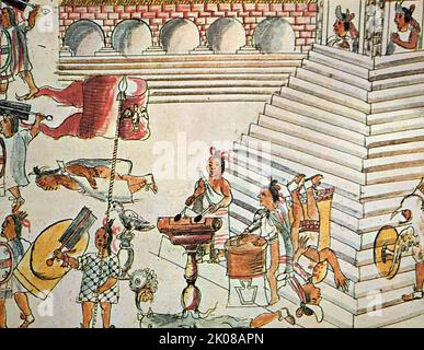 Illustration of Aztec priests leading human victims up the steps to the alter for sacrifice in the temples Mexico, where Hernan Cortes discovered 136,000 skulls. Hernan Cortes de Monroy y Pizarro Altamirano, 1st Marquess of the Valley of Oaxaca (1485 - December 2, 1547) was a Spanish conquistador who led an expedition that caused the fall of the Aztec Empire and brought large portions of what is now mainland Mexico under the rule of the King of Castile in the early 16th century Stock Photo