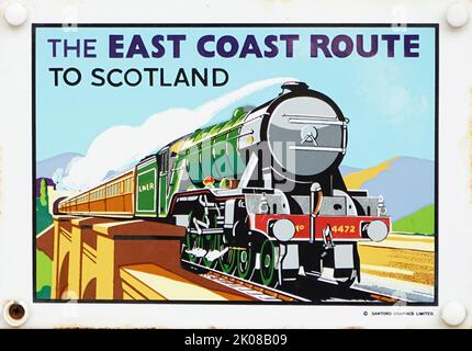 Advertisement for the East Coast route to Scotland. The East Coast Main Line (ECML) is a 393-mile long (632 km) electrified railway between London and Edinburgh via Peterborough, Doncaster, York, Darlington, Durham and Newcastle Stock Photo