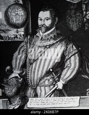 Sir Francis Drake (c.  1540 - 28 January 1596) was an English explorer, sea captain, privateer, slave trader, naval officer, and politician. Drake is best known for his circumnavigation of the world in a single expedition, from 1577 to 1580 Stock Photo