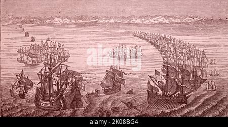 The Spanish Armada was a Spanish fleet of 130 ships that sailed from Lisbon in late May 1588 under the command of the Duke of Medina Sidonia, with the purpose of escorting an army from Flanders to invade England Stock Photo