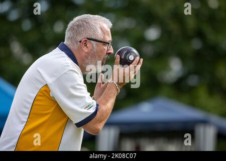 Barton, Cambridge, UK. 10th Sep, 2022. Competitors take part in the Cambridge and District Bowls League Finals Day. Teams and individuals who have been successful in competition earlier in the year battled each other for the end of year trophies. Credit: Julian Eales/Alamy Live News Stock Photo