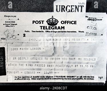 The telegram in which King Edward VIII announced his father's death to the Lord Mayor of London, showing the signature 'Edward' instead of 'Edward P'. Edward VIII (Edward Albert Christian George Andrew Patrick David; 23 June 1894 - 28 May 1972) was King of the United Kingdom and the Dominions of the British Empire and Emperor of India from 20 January 1936 until his abdication in December of the same year. George V (George Frederick Ernest Albert; 3 June 1865 - 20 January 1936) was King of the United Kingdom and the British Dominions, and Emperor of India, from 6 May 1910 until his death Stock Photo