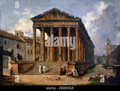 The Maison carree, painting by Hubert Robert. The Maison carree is an ancient Roman temple in Nimes, southern France; it is one of the best preserved Roman temples to survive in the territory of the former Roman Empire. Painting by Hubert Robert (22 May 1733 - 15 April 1808) was a French painter in the school of Romanticism, noted especially for his landscape paintings and capricci, or semi-fictitious picturesque depictions of ruins in Italy and of France Stock Photo