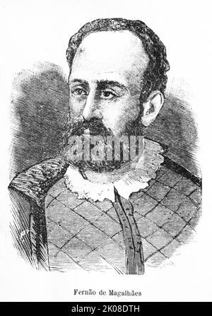 Ferdinand Magellan (Sabrosa, Spring 1480 -- Mactan, 27 April 1521) was a Portuguese navigator who was noted for having led the first circumnavigation voyage of the globe, from 1519 to 1522, at the service of the Crown of Castile Stock Photo