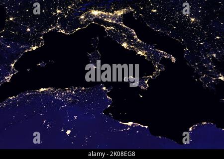 Nightime view of the earth from Space, showing Africa and Europe. 2016 NASA Earth Observatory images by Joshua Stevens, using Suomi NPP VIIRS data from Miguel Roman, NASA GSFC. Stock Photo