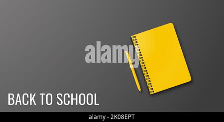 Holiday for students. Back to school.  banner concept with notebook and pen on black background. Place for text. Education poster. Small handwritten t Stock Photo