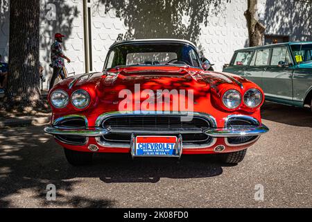 Falcon Heights, MN - June 17, 2022: Low perspective front view of a 1962 Chevrolet Corvette Convertible at a local car show. Stock Photo