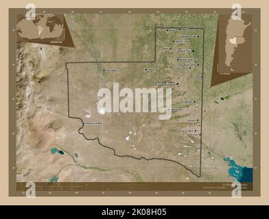 La Pampa, province of Argentina. Low resolution satellite map. Locations and names of major cities of the region. Corner auxiliary location maps Stock Photo