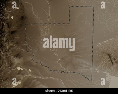 La Pampa, province of Argentina. Elevation map colored in sepia tones with lakes and rivers Stock Photo