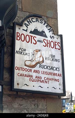 Sign outside Lancaster's Shoes, Boots and Outdoor Clothing shop, Grange-over-Sands Stock Photo