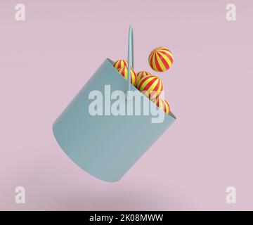 bucket with colorful ball icon, minimal 3d render illustration on light pink background. Stock Photo
