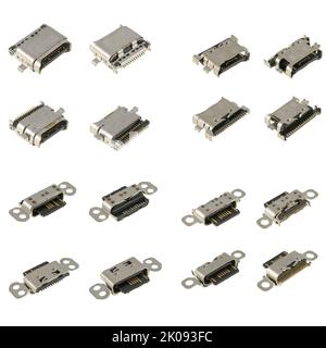 Type-C socket connector, spare part for phone, tablet, computer, isolated on white background, collage Stock Photo