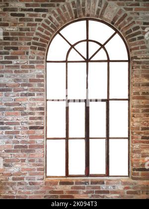 Antique arched window on brick wall isolated on white Stock Photo