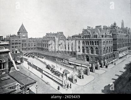 Liverpool Street station, also known as London Liverpool Street, is a central London railway terminus and connected London Underground station in the north-eastern corner of the City of London, in the ward of Bishopsgate. The station opened in 1874, as a replacement for Bishopsgate station as the Great Eastern Railway's main London terminus. By 1895, it had the most platforms of any London terminal station Stock Photo