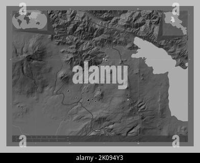 Kotayk, province of Armenia. Grayscale elevation map with lakes and rivers. Locations of major cities of the region. Corner auxiliary location maps Stock Photo