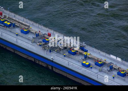 Gas pipeline construction on ship in sea. Stock Photo