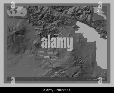 Kotayk, province of Armenia. Grayscale elevation map with lakes and rivers. Locations and names of major cities of the region. Corner auxiliary locati Stock Photo