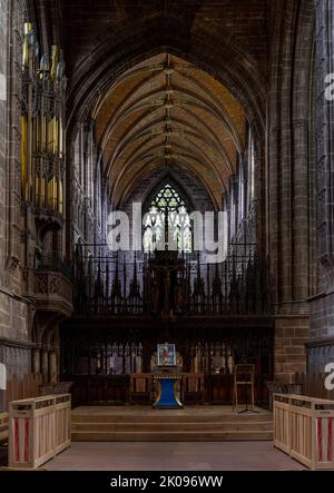 Chester, United Kingdom - 26 August, 2022: view of the altar and central nave of the historic Chester Cathedral Stock Photo