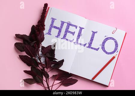 Notebook with word HELLO, branch and pencil on pink background Stock Photo