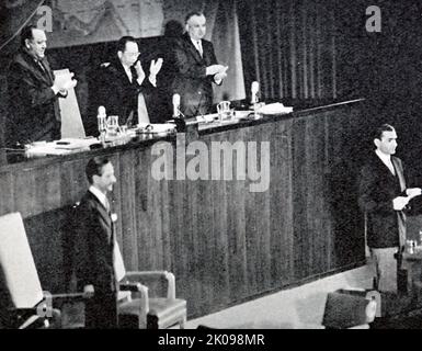 The Shah of Persia addresses the United Nations General Assembly in New York. The United Nations General Assembly is one of the six principal organs of the United Nations (UN), serving as the main deliberative, policymaking, and representative organ of the UN. Its powers, composition, functions, and procedures are set out in Chapter IV of the United Nations Charter. Stock Photo