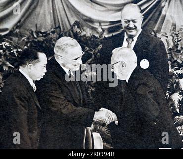Ceremony of laying the corner-stone at the United Nations headquarters in Manhattan. General Carlos Romulo, president of the General Assembly, shaking hands with Mr Truman. Carlos Pena Romulo QSC CLH NA (14 January 1898 - 15 December 1985) was a Filipino diplomat, statesman, soldier, journalist and author. He was President of the UN General Assembly. Harry S. Truman (May 8, 1884 - December 26, 1972) was the 33rd president of the United States, serving from 1945 to 1953. A lifetime member of the Democratic Party, he previously served as the 34th vice president from January to April 1945 under F