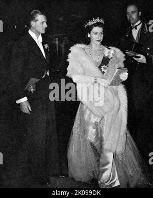 Princess Elizabeth and the Duke of Edinburgh at The Dorchester. Princess Elizabeth. Elizabeth II (Elizabeth Alexandra Mary; born 21 April 1926) is Queen of the United Kingdom and 15 other Commonwealth realms. She is the elder daughter of King George VI and Queen Elizabeth. Prince Philip, Duke of Edinburgh (born Prince Philip of Greece and Denmark, later Philip Mountbatten; 10 June 1921 - 9 April 2021), was the husband of Queen Elizabeth II. He was the consort of the British monarch from Elizabeth's accession on 6 February 1952 until his death in 2021, making him the longest-serving royal conso Stock Photo