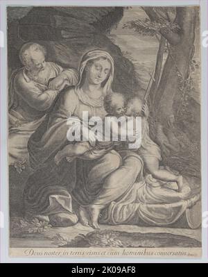 The Holy Family with infant Saint John the Baptist kneeling at right, 1550-1600. Stock Photo