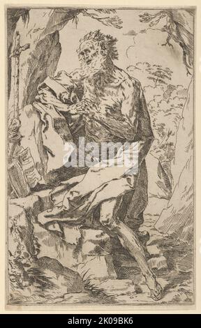 Saint Jerome kneeling on a rock in front of a cross and an open book facing left, after Reni, ca. 1600-1640. Stock Photo