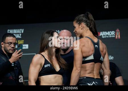 LAS VEGAS, NV - September 9: Norma Dumont (L) and Danyelle Wolf (R) face-off at MGM Grand Garden Arena for UFC 279 - Chimaev vs Diaz - Ceremonial Weigh-in on September 9, 2022 in Las Vegas, NV, United States. (Photo by Louis Grasse/PxImages) Stock Photo